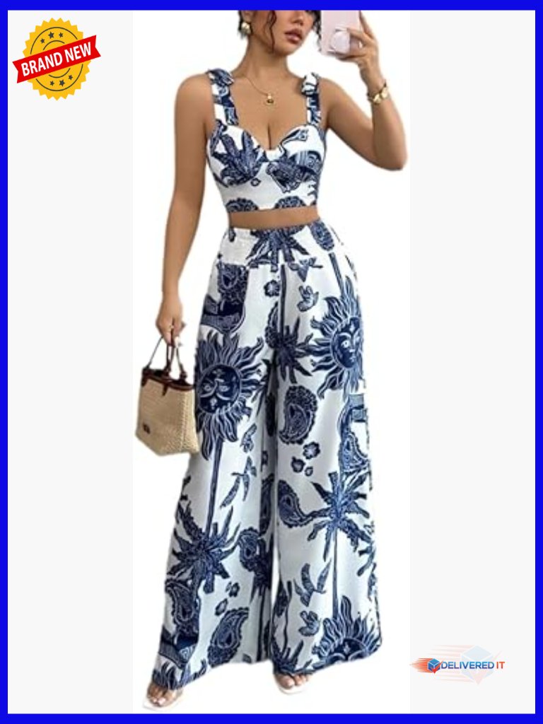 Summer 2 Piece Outfits Crop Top & Wide Leg Pants Set